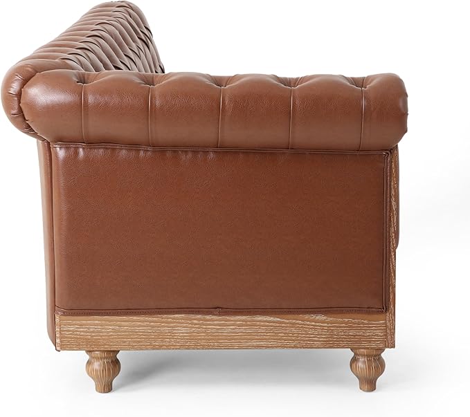 Merax PU Chesterfield Sofa, Retro Style Upholstered 6 Seater Leather Rolled Arm Couch for Living Room Bedroom Office, Light Brown