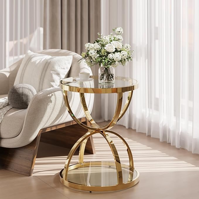 20" Tempered Glass Round Coffee Table Modern Gold Frame Dome Base Two Tiers Circle Small Living Room Center Tables