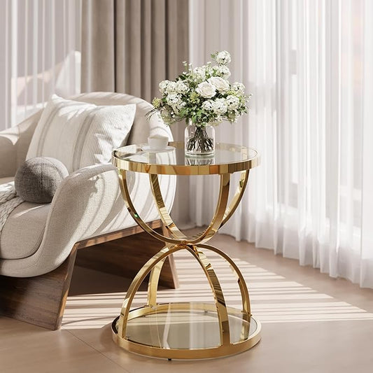 20" Tempered Glass Round Coffee Table Modern Gold Frame Dome Base Two Tiers Circle Small Living Room Center Tables
