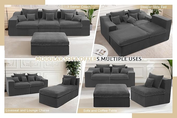 101" Modular Couch Sectionals with Ottoman, Big Comfy Cloud Couches, L Shaped 4 Seat Modular Sectional Sofa, Sectional Double Cushion Couches with Deep Seat for Living Room,No Assembly Required (Grey)