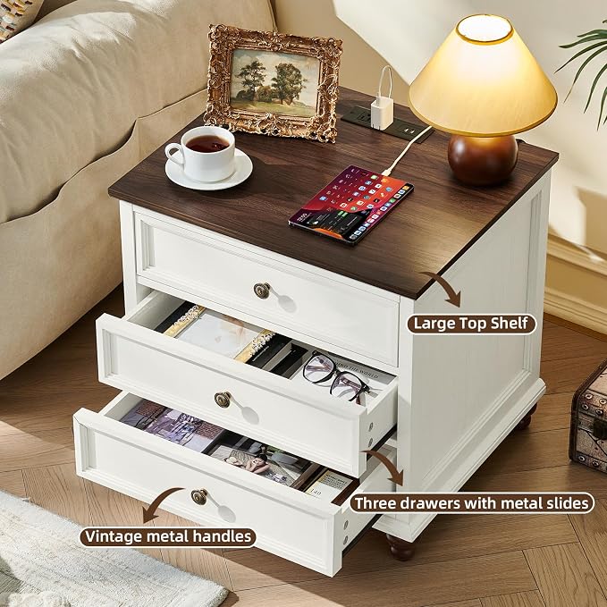 Joaxswe Farmhouse Nightstand with Charging Station, 24" Wide End Table with 3 Drawers,White Wood Dresser for Bedroom, Bed Side Table Chest of Drawers Cabinet,Night Stand for Living Room, Closet - Image 4