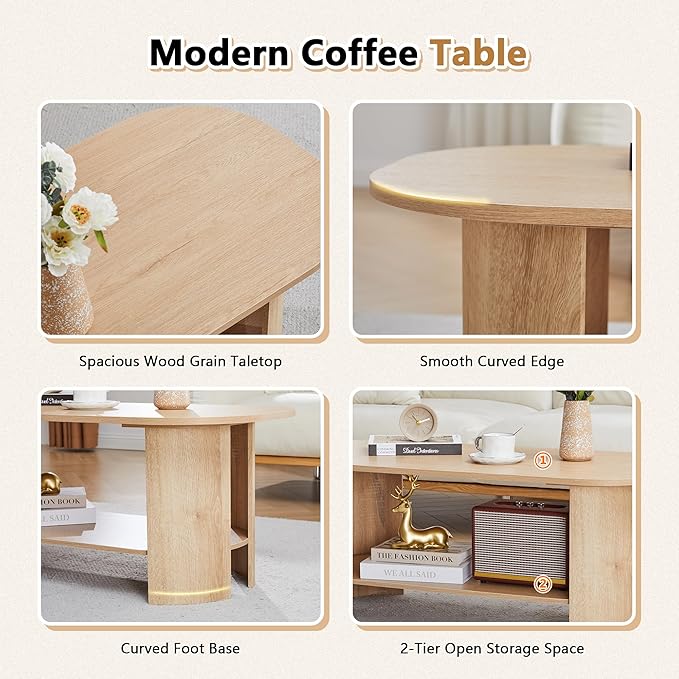 Oval Coffee Table for Living Room, 43.3” Farmhouse Coffee Tables with Storage, 2-Tier Wood Center Table with Storage Shelf Low Tea Table for Small Space, Home, Office, Easy Assembly (Natural)