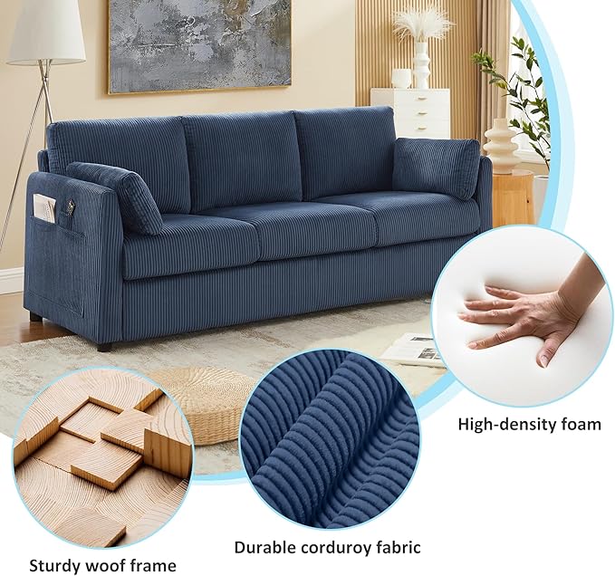 3 Pieces Corduroy Living Room Sofa Sets, Navy Blue Couch with Set of 2 Reading Armchairs, Comfy Pillows and Storage Pockets, Modern Living Room Furniture Sets for Apartment, Small Spaces