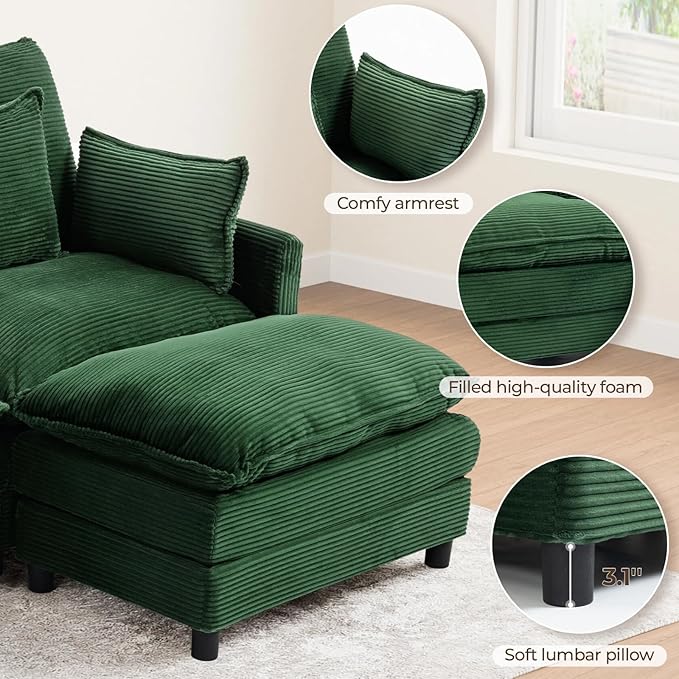 L Shaped Cloud Sofa, 4-Seater Modular Couch with Double Layer Upholstered Seat Cushion, Corduroy Sleeper Sofa with Ottoman & Pillows, Couches for Living Room, Bedrooms & Apartments, Green