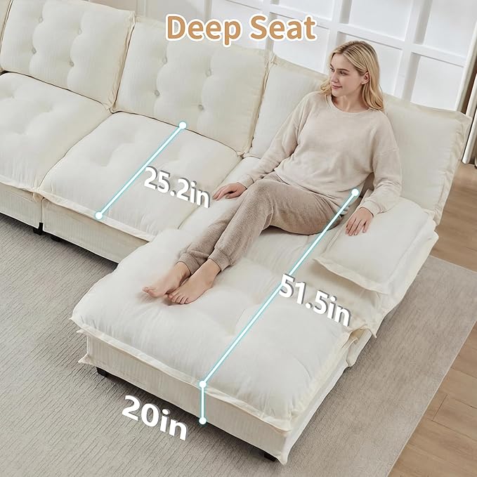 108" U Shaped Modular Sectional Sofa Couches for Living Room, Cloud Couch with Movable Ottomans, Comfy Chenille Sofa with Pillow-top Armrest for Bedroom Apartment | Free Combination, Tufted