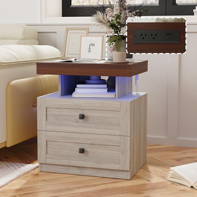 MHOM Farmhouse LED Nightstand Set of 2, Wood Bedroom Side Table with Charging Station, Rustic End Table with Drawers for Bedroom, Antique Oak - Image 3