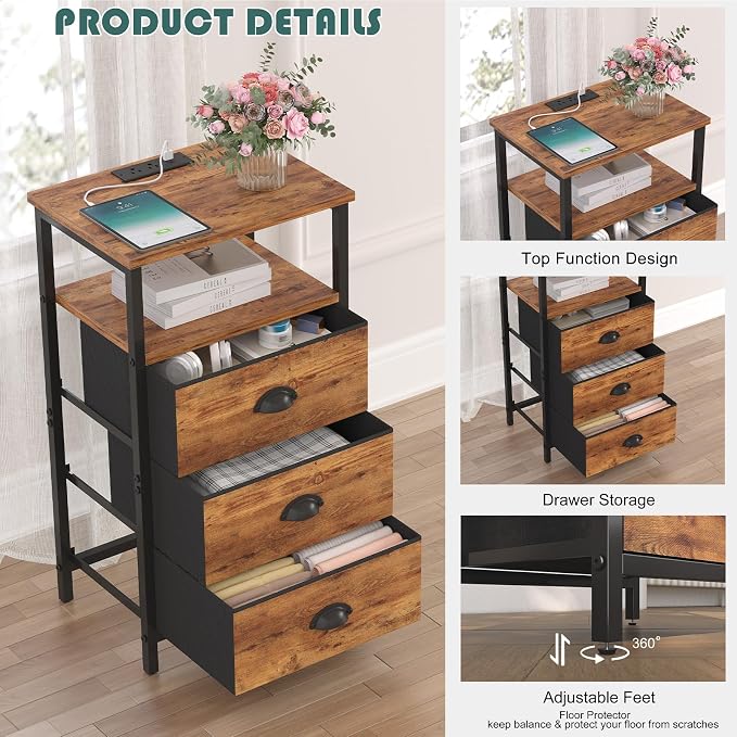 sthmec Nightstand with Charging Station,LED Night Stand with 3 Fabric Drawers, Bedside End Tables, 2-Tier Open Storage Shelf Side Table Nightstand with Drawers for Bedroom,Rustic Brown - Image 6