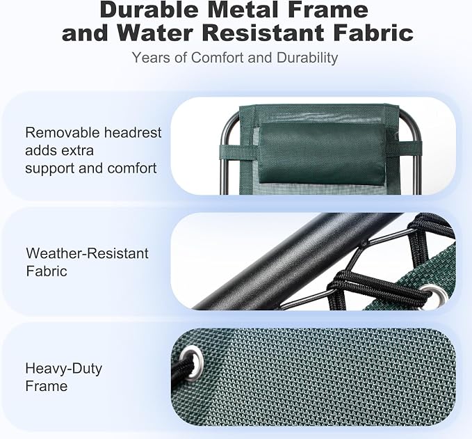 Nazhura Set of 2 Relaxing Recliners Patio Chairs Adjustable Steel Mesh Zero Gravity Lounge Chair Beach Chairs with Pillow and Cup Holder (Dark Green) - Image 5