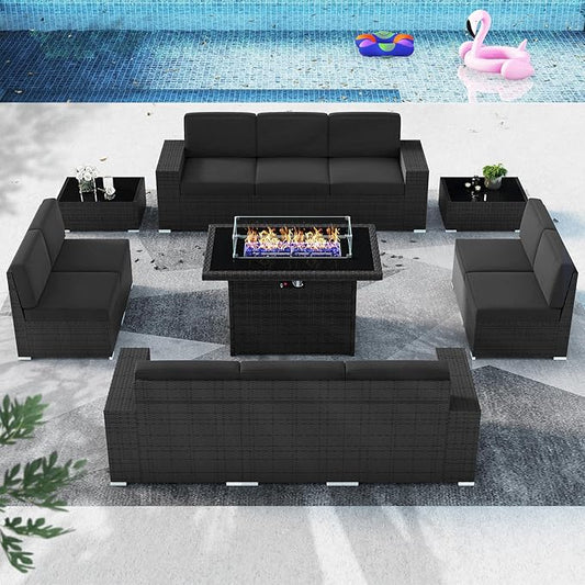 13 Pieces Patio Furniture Set with 44" Propane Gas Fire Pit Table, Outdoor Sectional Wicker Conversation Sofa Sets with Coffee Table
