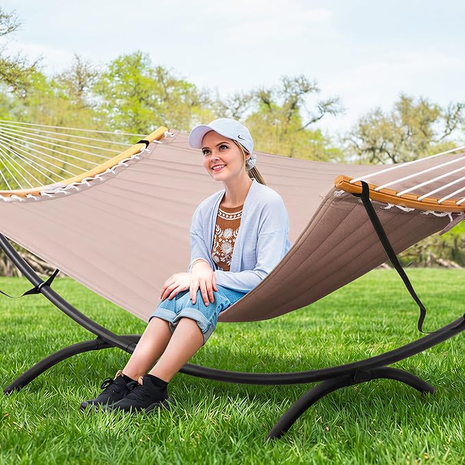 SUNCREAT Portable Double Hammock with Stand, Outdoor Standing 2 Person Hammock Combo, Patent Pending, Tan - Image 2