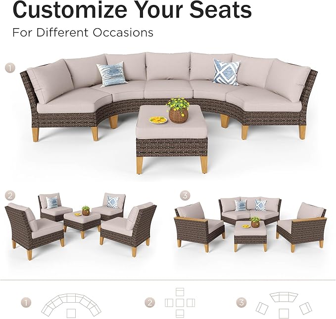 PHI VILLA Half Moon Patio Furniture Set with 56" Fire Pit Table, Outdoor Curved Wicker Sectional Sofa with Cushions and Ottomans, Beige