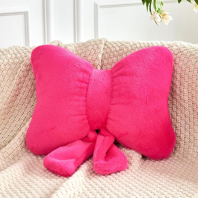XVTRU Hot Pink Bow Pillow, Soft Bow Decorative Pillows with Faux Rabbit Fur, Cute 12" Bow Throw Pillows, Aesthetic Home Decor Bow Shaped Plush Pillow for Bedroom Sofa Couch