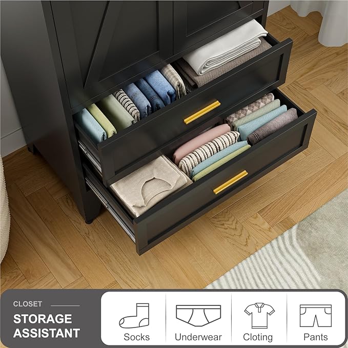 Metal Wardrobe Cabinet, 71" Tall Armoire Wardrobe Closet with 2 Drawers, Hanging Rod and Adjustable Shelf, Farmhouse Clothing Storage Cabinet for Bedroom, Laundry