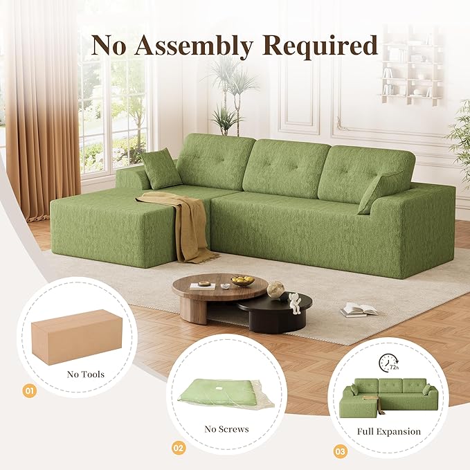 Ball & Cast 106" Cloud Sectional Couch, Compressed L-Shaped Sofa with Deep Seat Chaise, Boneless No Assembly Modular Couch, Foam & Spring Support, 2 Boxes (Right Facing, Chenille Green)