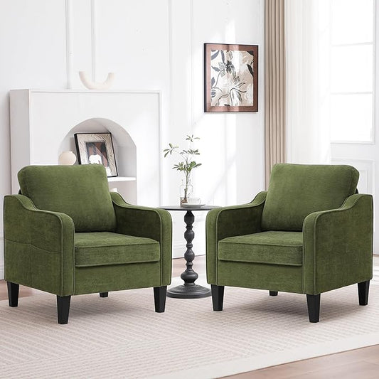 Accent Chairs Set of 2, Upholstered Living Room Chairs with Side Pocket, Mid Century Modern Reading Chair for Bedroom, Comfy Armchair Single Sofa Side Chair for Office, Small Room, Olive Green