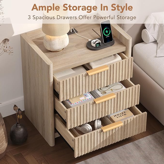 25.9" Fluted Nightstand with Charging Station, Large Bedside Table with 3 Storage Drawers and Metal Handle, Modern End Table for Bedroom, Home Office(Natural Oak) - Image 6