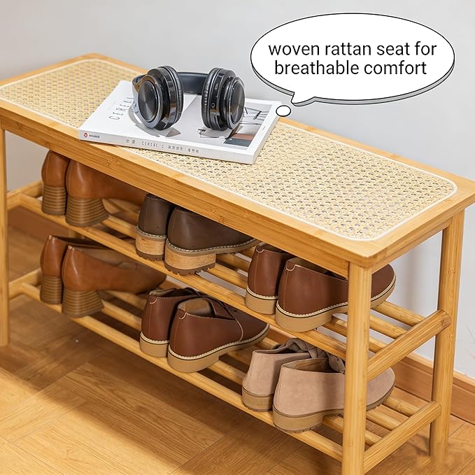 latifolia Shoe Rack Bench, 3-Tier Bamboo Shoe Bench with Breathable Rattan Seat Cushion, Shoe Storage Rack for Entryway(Nautre,39.70''L) - Image 5