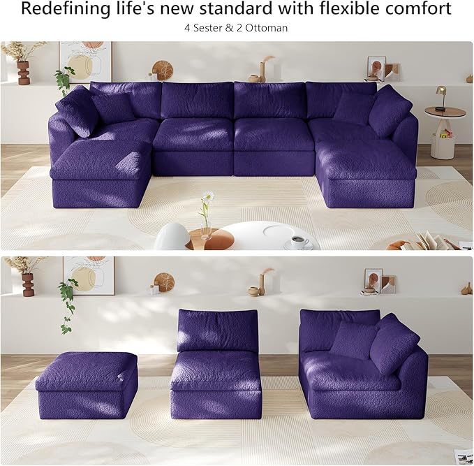 138" Modular Sectional Sofa Boneless Cloud Couch for Living Room, U Shape Deep Seat Recliner Sofa with Ottoman, Adjustable Backrest & 2 Throw Pillows - Covers Washable, (Purple, 4 Seater+2 Ottoman)