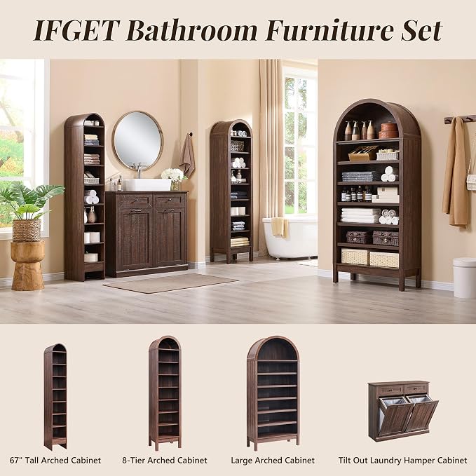 IFGET 67" Tall Arched Shoe Storage Cabinet, 8 Tiers 8 Pairs Wooden Shoe Rack with 3 Adjustable Shelves, Freestanding Shoe Closet Shelf Organizer for Entryway, Hallway, Living Room (Brown) - Image 6