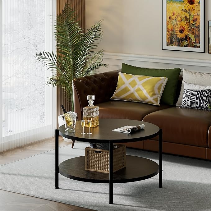 Coffee Table, 2 Tiers Round Coffee Table, Black Modern Coffee Table for Living Room, Small Space Friendly (Sturdy Metal Frame, Easy Assembly) 27.5x17.7in