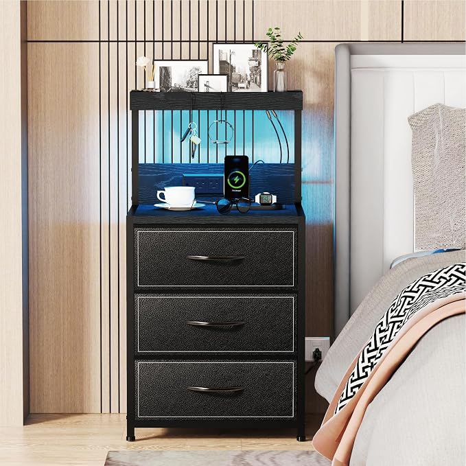 SZLHANJZ LED Nightstand Set of 2, Night Stand with 3 Drawers and Type C Charging Station, Storage End Table with Shelf and Hooks, Large Bedside Table for Dorm Bedroom, Black - Image 2