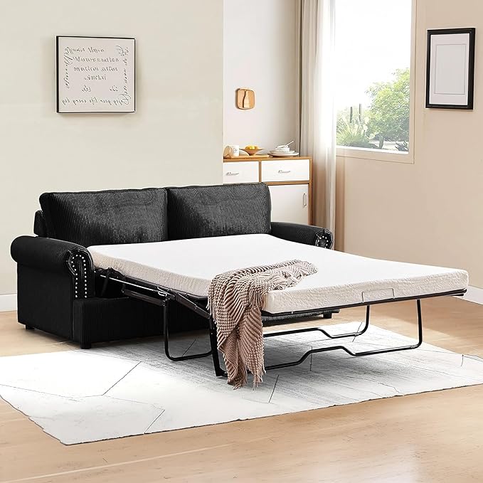 Reversible Sleeper Sofa Bed with Comfortable Memory Foam Mattress, Convertible Corduroy Full Size Pull Out Couch for Living Room, Space Saving Furniture, 76" Wide, Rounded Arms, Black