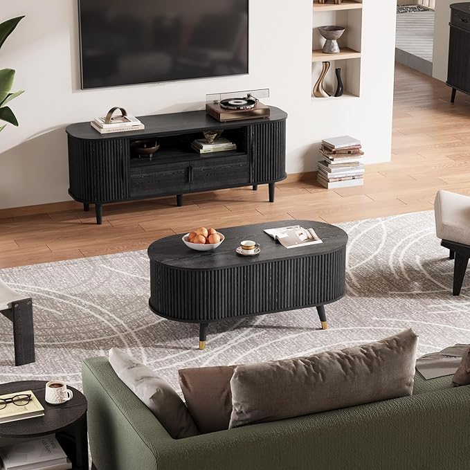 42.5" Oval Lift Top Coffee Table with Storage, Mid Century Modern Black Center Table with Fluted Design, Solid Wood Legs & Hidden Compartment, Pop Up Cocktail Table for Living Room