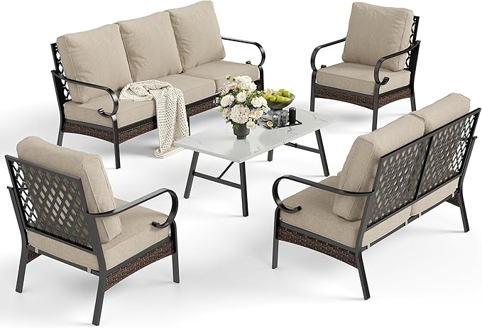 5 Piece Metal Outdoor Patio Furniture Set, Patio Conversation Sets 1 3-Seater Sofa, 2-Seater Sofa, 2 Fixed Sofa with 5.75" Thick Cushion & Coffee Table Black Backyard Furniture, Beige