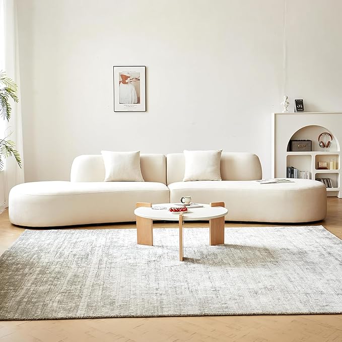 132" Curved Sofa with Throw Pillows, 6 Seater Luxury Velvet Couch with Half Moon Design and High-Density Foam, Ideal for Modern Living Room, Office & Apartment, Ivory