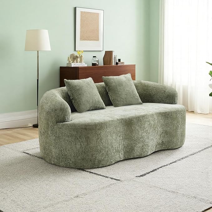 Curved Compression Sofa, Modern Loveseat Couch with Rounded Armrests & 2 Coordinating Pillows, 67'' Polyester 2 Seater Sofa for Small Living Room, Bedroom and Offices, No Assembly, Green