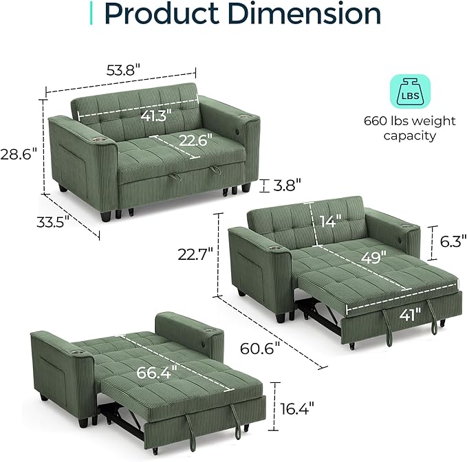 LINSY 54" Pull Out Couch with Charging Station - Sleeper Sofa Bed with Cup Holder, Small 3 in 1 Convertible Loveseat Sleeper Couch for Apartment, Dorm Room, Bedroom and Small Space, Olive Green