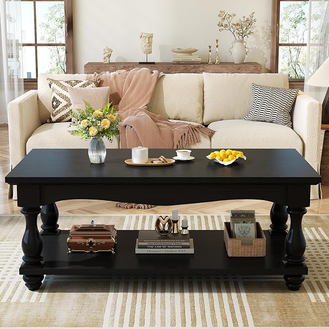 47 inch Black Coffee Table with Storage, 2-Tier Farmhouse Coffee Table with Solid Wood Legs, Mid Century Coffee Tables for Living Room