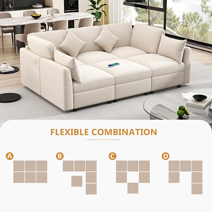 6 Seater Reversible Modular Sectional Sofa Convertible Sleeper Couch Bed , Free Combination Chenille Upholstered Corner Sofa&Couches with USB Ports and Detachable Cushions for Living Room Furniture