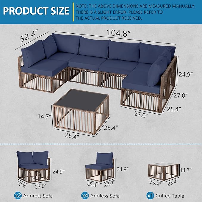 FHFO 7 Piece Patio Furniture Set, Outdoor Wicker Sectional Sofa Conversation Set Couch with Adjustable Backrest, Thick Cushion & Coffee Table for Garden, Porch, Poolside, Brown/Blue