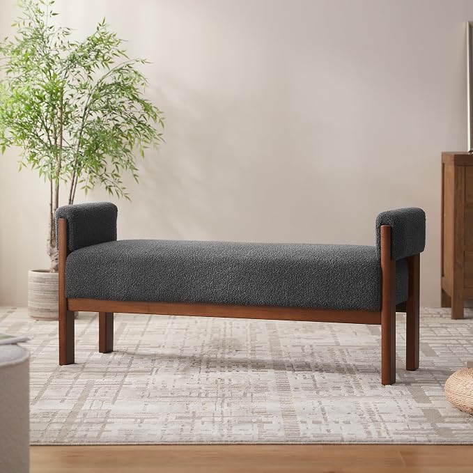 VKNOW End of Bed Bench, 51.8” Modern Upholstered Bedroom Bench Indoor Bench with Arms, Entryway Bench with Solid Wood Frame for Bedroom Living Room, Dark Gray by VKNOW