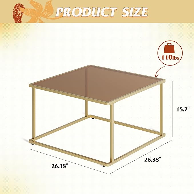 WLIVE Coffee Table, Glass Coffee Table for Living Room, Modern Small Coffee Table with Tempered Glass & Metal Frame, Square Center Table for Small Spaces Apartment, Office, 26.4 x 26.4in, Gold
