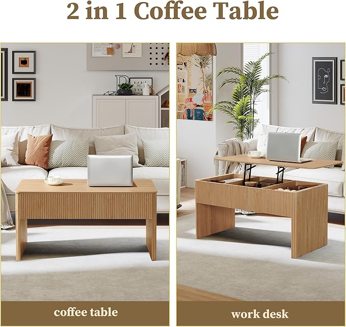 ORRD Fluted Lift Top Coffee Table, Farmhouse Coffee Table with Hidden Compartment, Rising Top Center Table with Storage, Mid Century Rectangular Center Tables for Living Room (Natural)