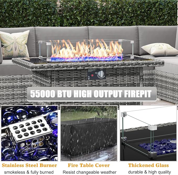 LayinSun 8 Piece Patio Furniture Set with 44" Propane Gas Fire Pit Table, Outdoor Sectional Conversation Set Wicker Rattan Sofa Set with Coffee Table