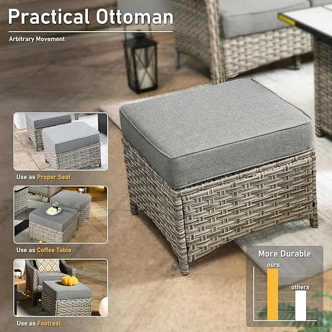 HOOOWOOO 6 Piece Patio Furniture Conversation Sets with Sola Light Table,Outdoor Wicker Furniture with Ottoman, All Weather Resistant Outside High Back Rattan Patio Set(Dark Grey Gray)