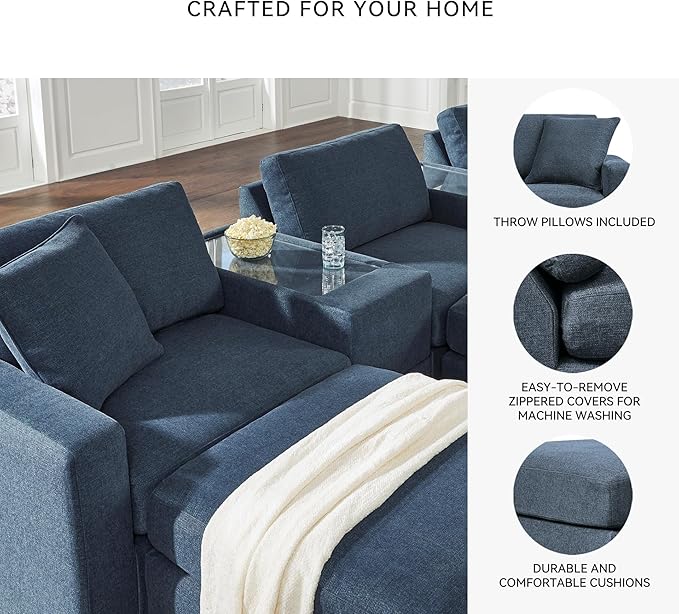 Signature Design by Ashley Modmax Contemporary Modular Stain Resistant 3-Piece Sectional with Storage Console, Drawer and 2 Accent Pillows, Blue