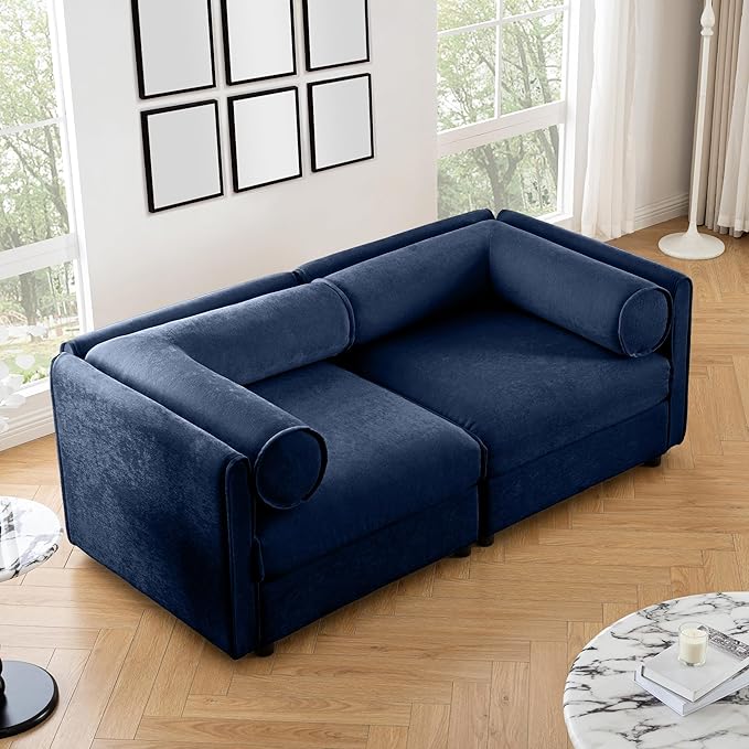 KEIKI 76" Oversized Modular Loveseat Chenille Sectional Sofa with Storage Seat, Modern 2-Seater Couch with Cylindrical Backrest and Armrests, Easy Assembly, for Apartment, Living Room, Blue
