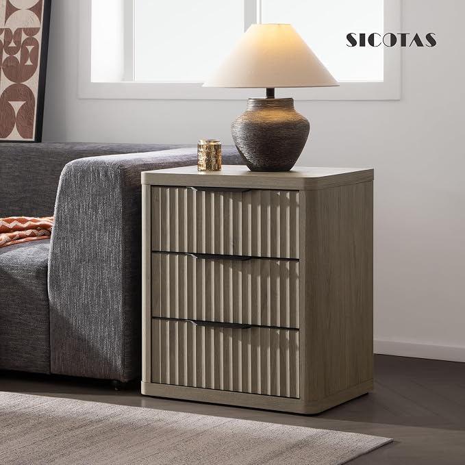 SICOTAS Night Stand Set of 2 Nightstands with 3 Drawers Storage Bedside Table Large Fluted Bed Side End Table Modern 25.6" Tall Wide Night Stands for Bedroom Living Room Sofa Couch Office, Grey Alder - Image 8