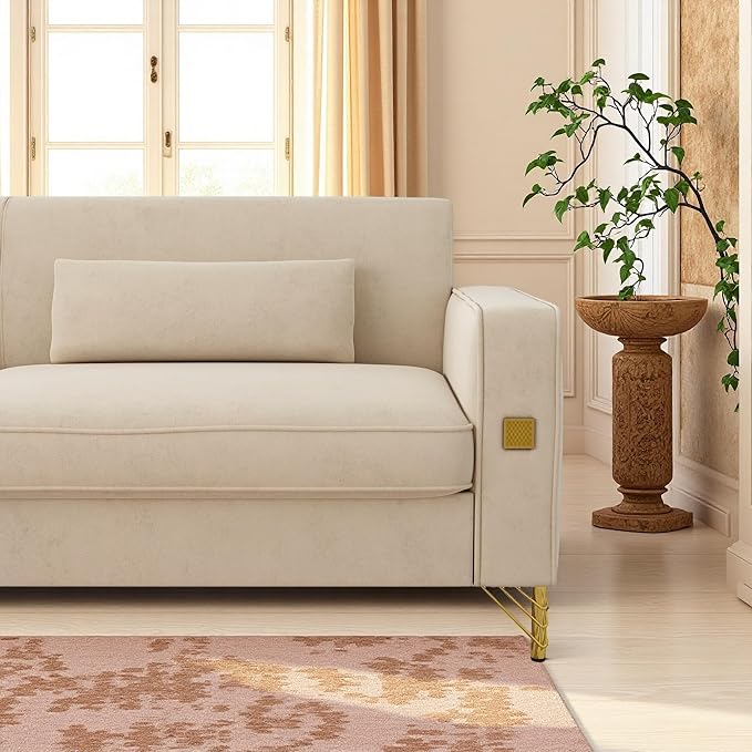 KEIKI 86" Oversized Luxury Velvet Sofa with Armrest and Removable Plush Cushions, Modern Gold Accents 3-Seater Couch with Solid Legs, Easy Assembly, for Living Room, Bedroom, Apartment, Beige