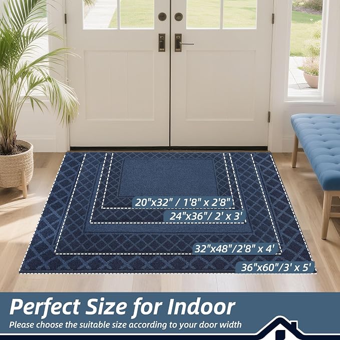BEQHAUSE Door Mat Indoor Entrance Dirt Trapper Rugs for Entryway Non Slip Welcome Mat Absorbent Floor Mat Low Profile Washable Front Doormat for Dirty Paws, 24" x 36", Navy Blue - Image 2
