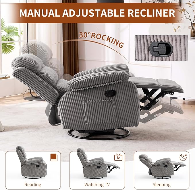Plush Premium Velvet 360° Swivel Rocker Recliner Chair - High Back Glider with Generous Footrest, Supportive Armrests & Side Pocket for Nursery, Living Room & Small Spaces Grey