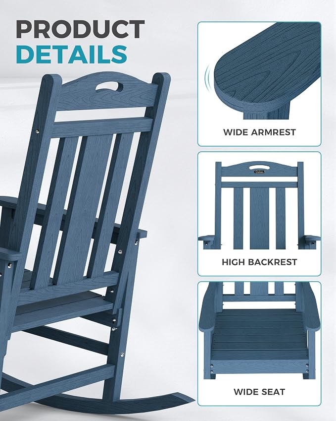 Ciokea Oversized Outdoor Rocking Chairs Set of 4, 380lbs Heavy-Duty Large Patio Rocker, High Back Cozy Porch Chairs, Weather Resistant Patio Rocking Chairs for Outside, Fire Pit, Deck, Slate Blue - Image 4