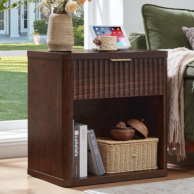 LEYAOYAO Fluted Nightstand with Charging Station, 23" Wide 1 Drawers Night Stand,Walnut End Table with Open Storage,Farmhouse Bed Side Tables, Wood Dresser for Bedroom, Living Room, Closet by LEYAOYAO-Findtheshiningpointofyourideallife%EF%BC%81