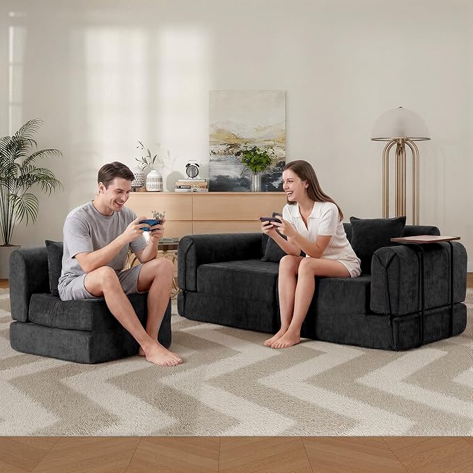 100" Convertible Sleeper Sofa Bed, Oversized Modular Sectional Cloud Sofa with Fixed-Shape Frame & Tabletop, Boneless Couch with Storage Pocket for Living Room, No Assembly Required, Black