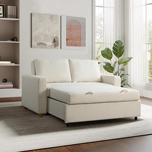 Serta Tulsa 66.1" Convertible Sleeper Loveseat, Full Size, Dreamcoil Comfort, FingerGuard Pinch Point Protection, Boucle Fabric, Ivory