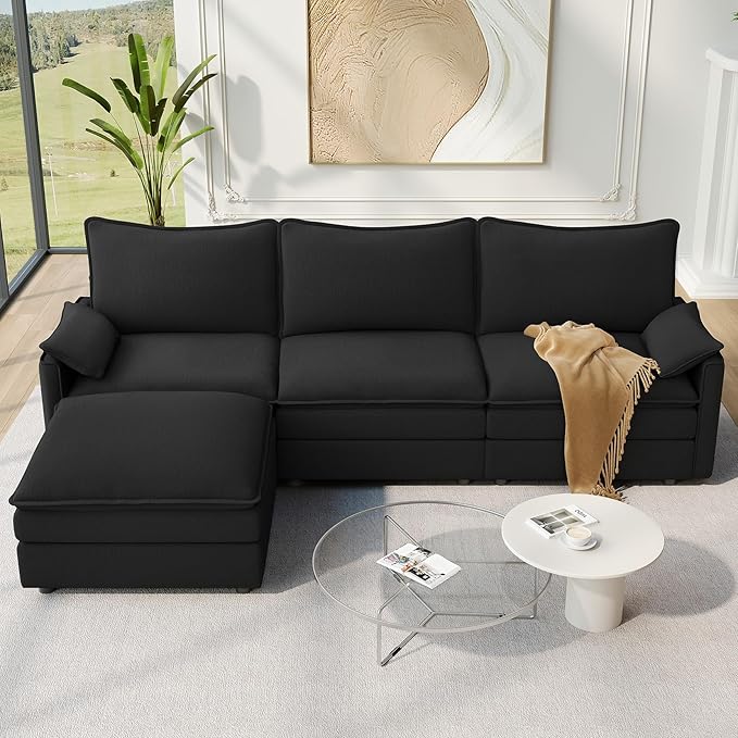 Vesgantti 108" Modular Sectional Sofa, Comfy Cloud Couch with Flexible Ottoman Deep Seat Chenille L Shaped Modular Sofa, Sectional Couches for Living Room, Bedroom and Apartment, Black